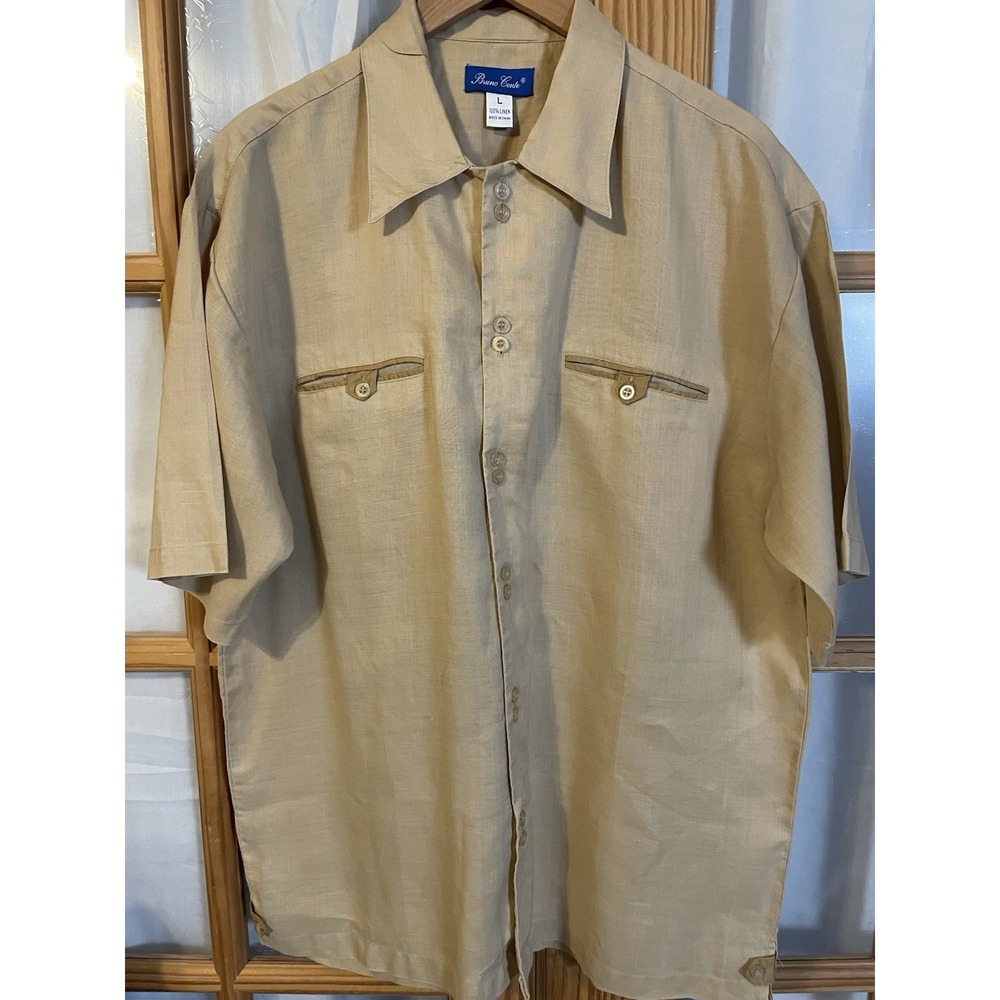 Bruno Conte 100% Linen Button Up Shirt Sz L Beige Shirt Sleeve Classic Workwear